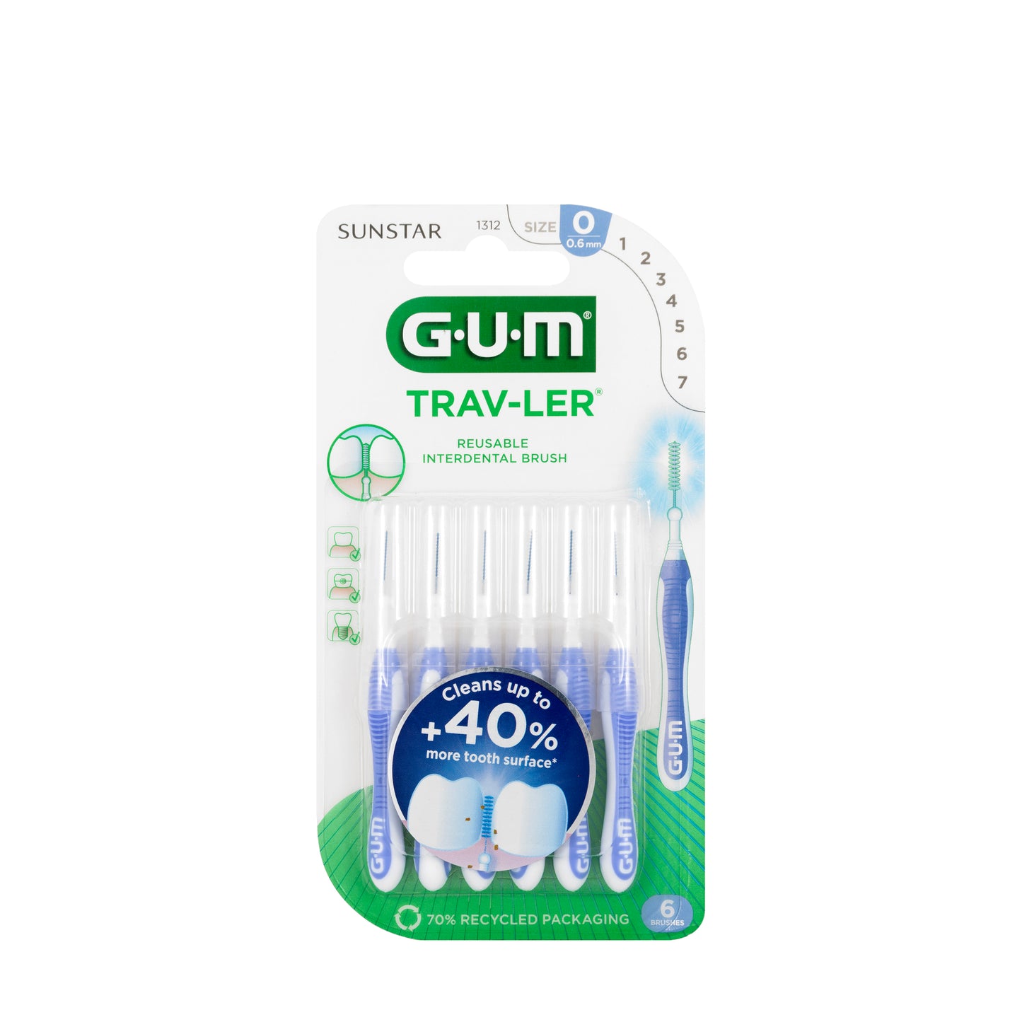 Gum TravLer 0.6 mm 6 Intradental Brushes 1312 [Blue]