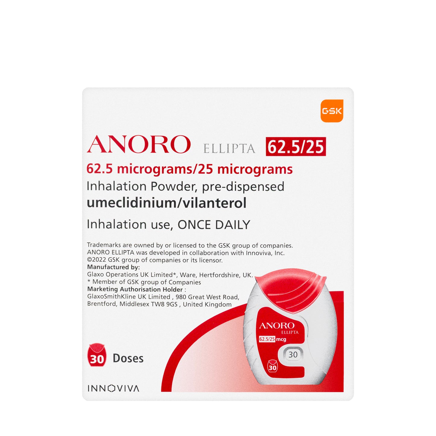 Anoro Ellipta 62.5/25Mcg Inhalation 30 Doses