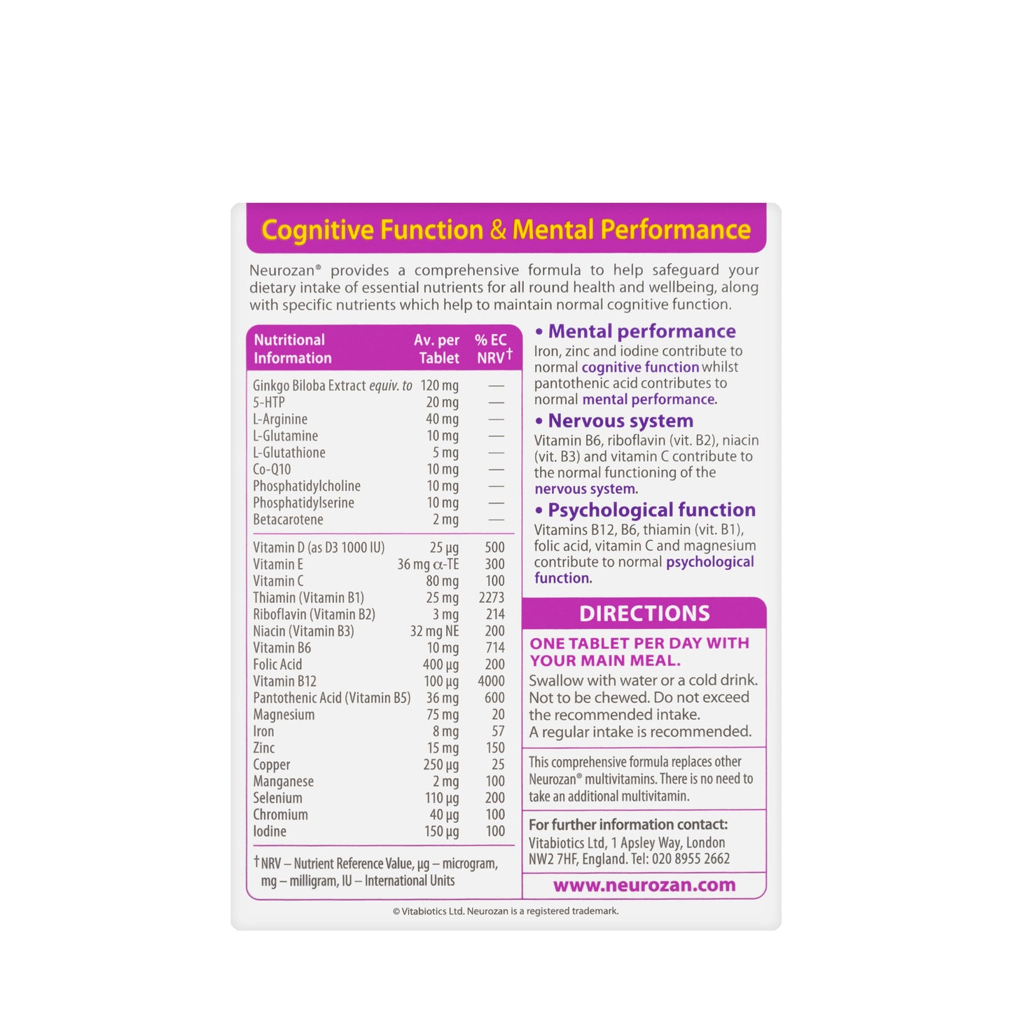Vitabiotics Neurozan with Vit.D 800IU 30 Tablets