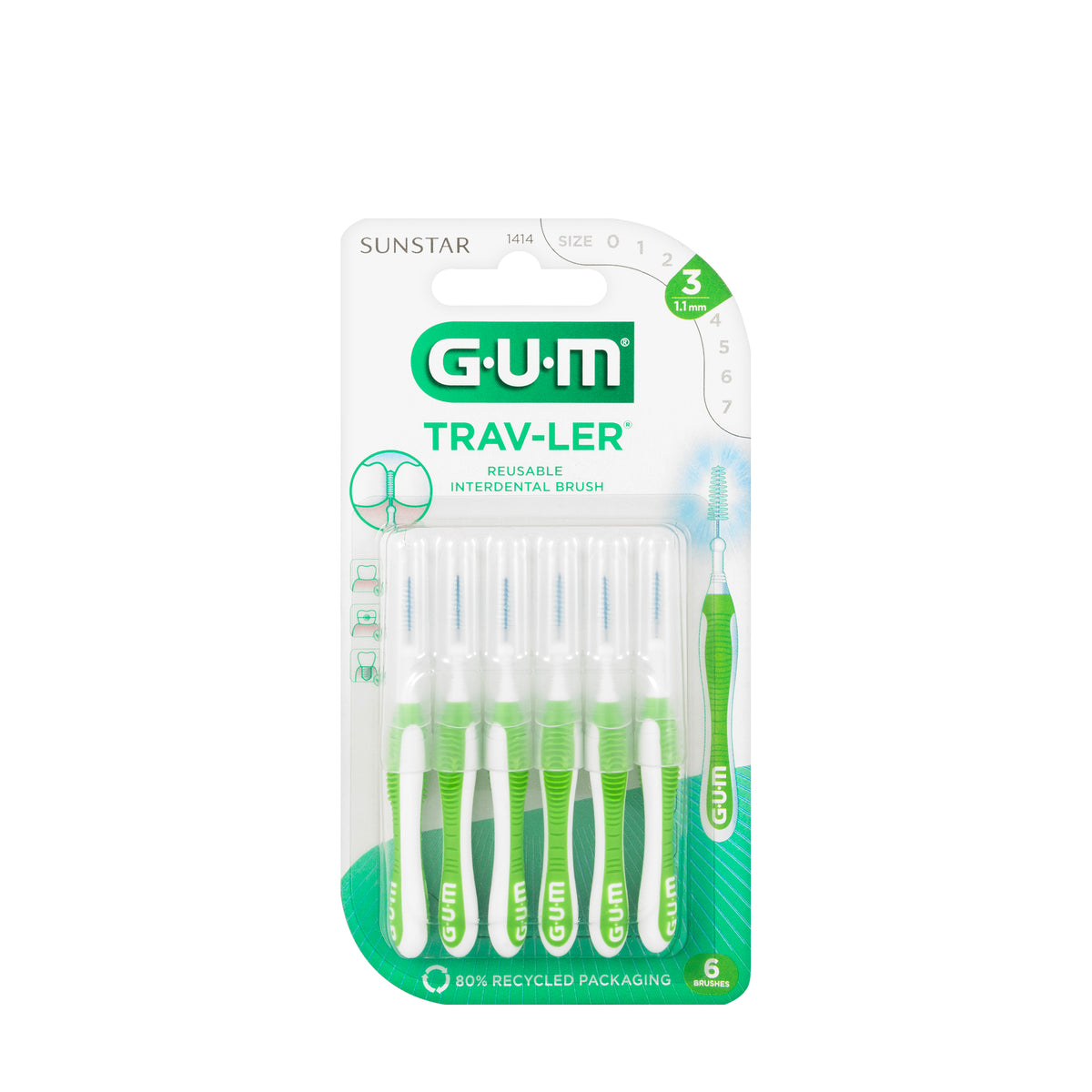 Gum TravLer 1.1mm 6 Intradental Brushes [1414] [Green]