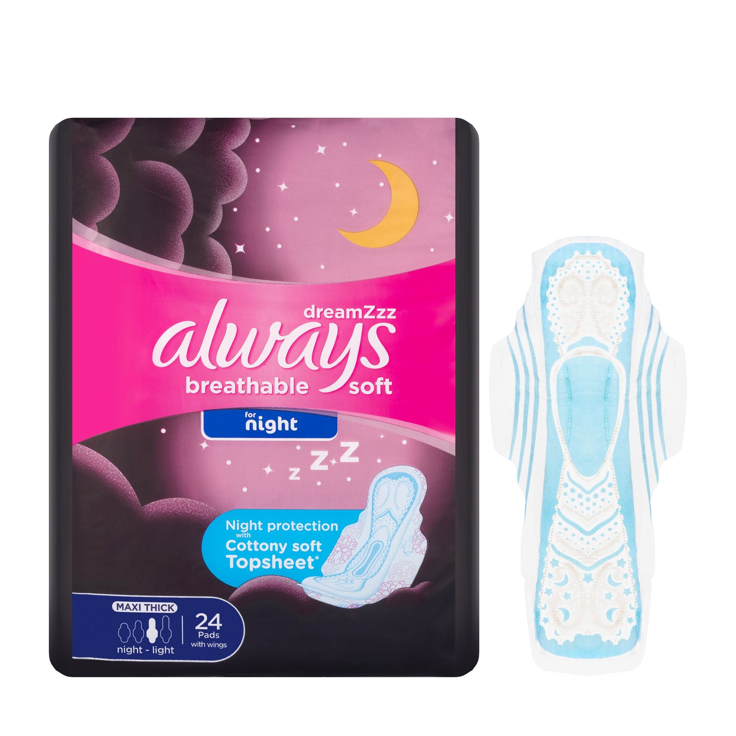 Always Breathable Soft Maxi Thick Night Wings 24 Pads