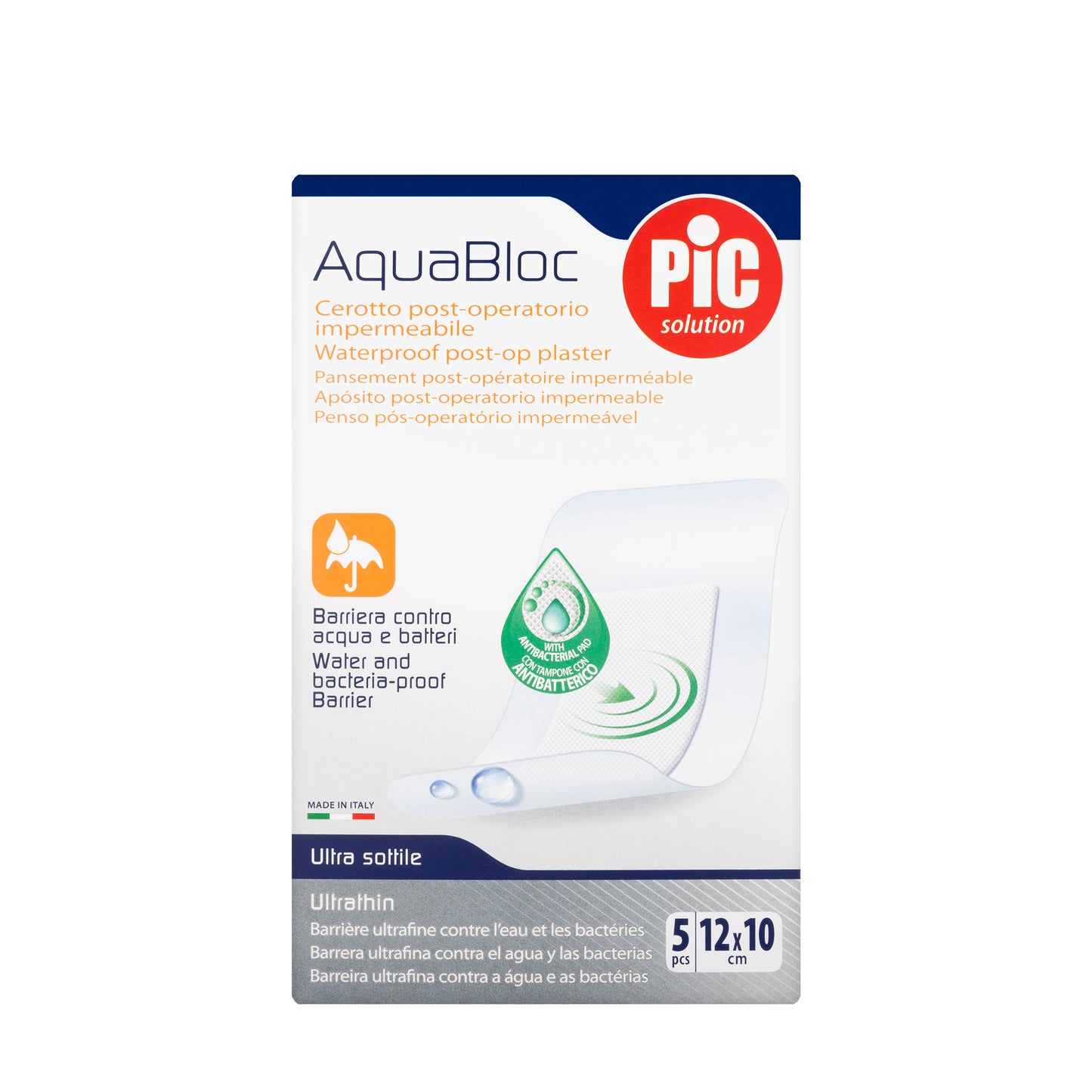 Pic Solution AquaBloc waterproof Plaster with antibacterial 12X10 Cm 5 Pieces