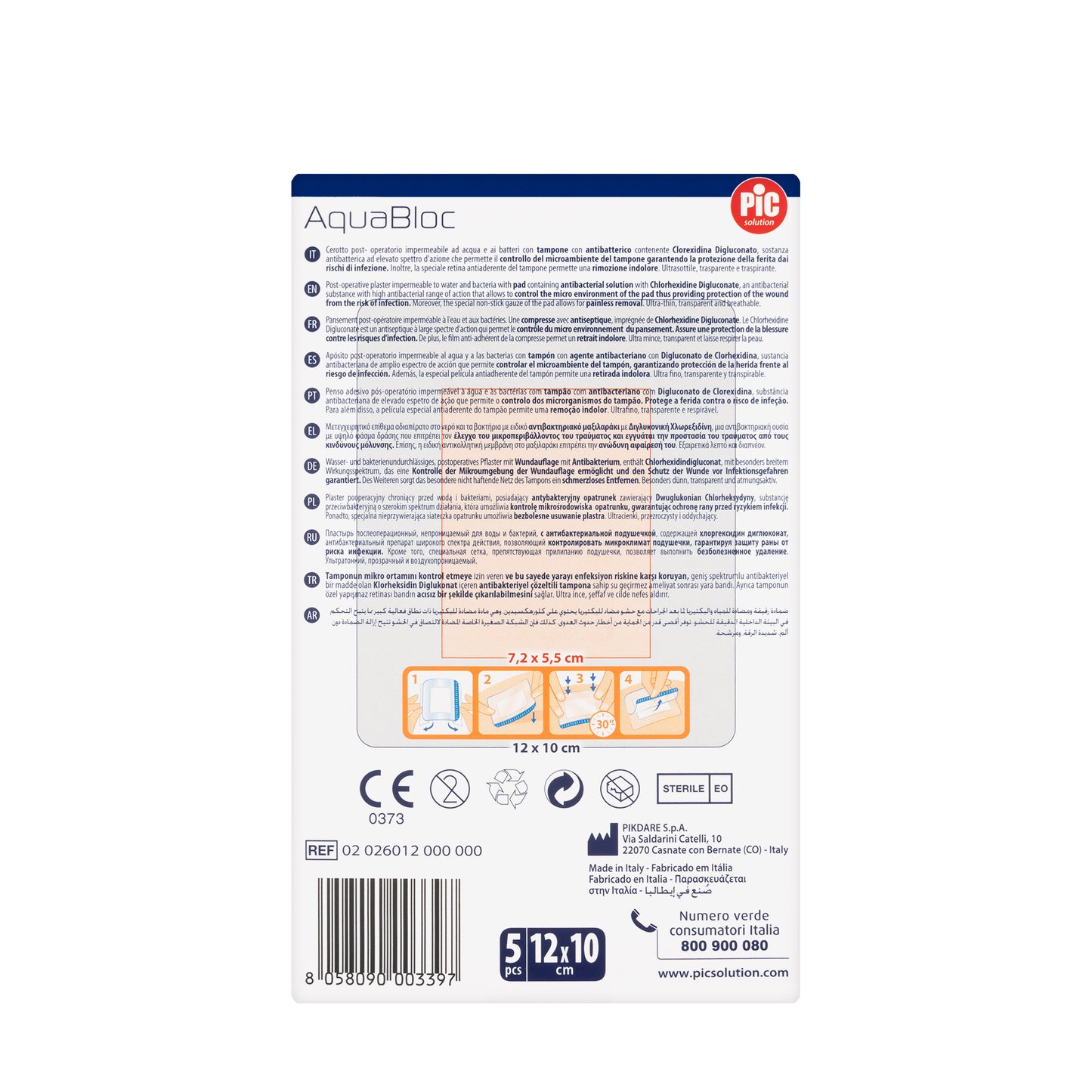 Pic Solution AquaBloc waterproof Plaster with antibacterial 12X10 Cm 5 Pieces