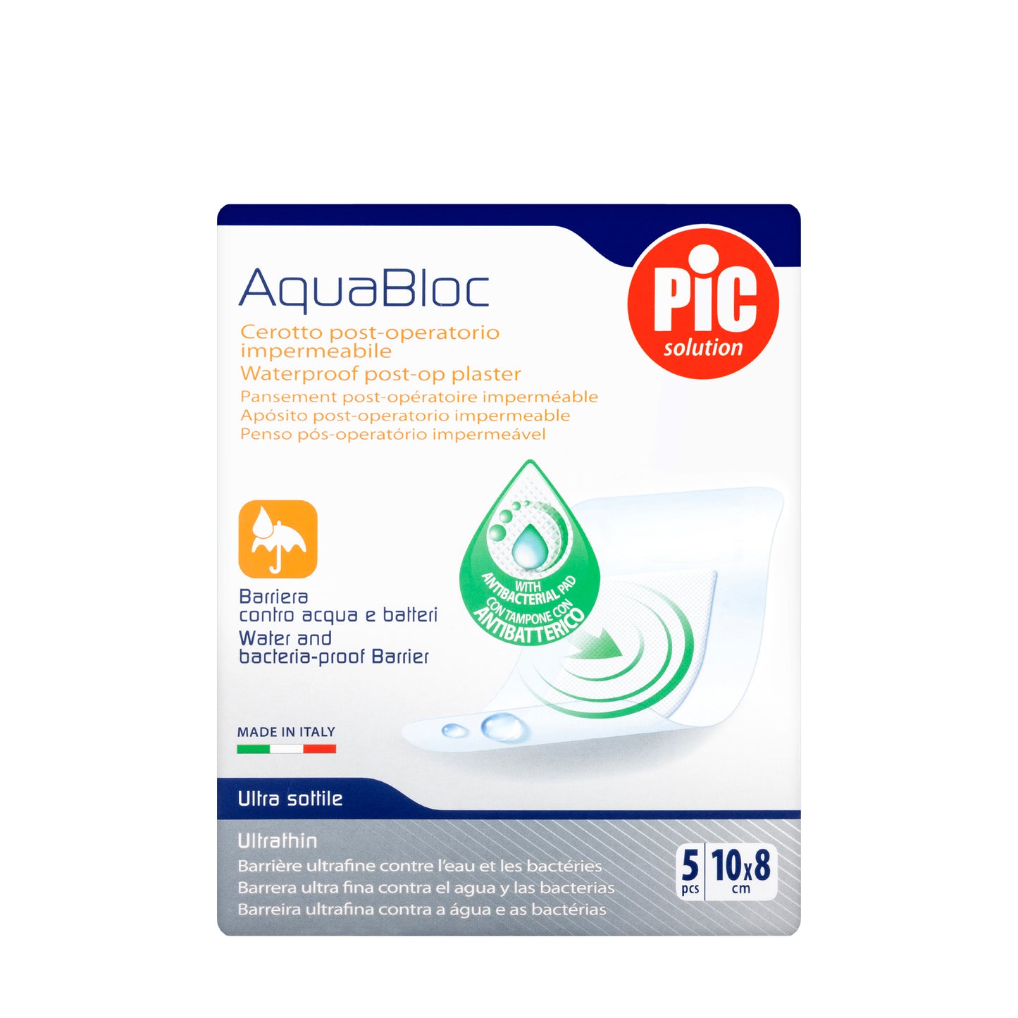 Pic Solution AquaBloc waterproof Plaster with antibacterial 10X8 Cm 5 Pieces