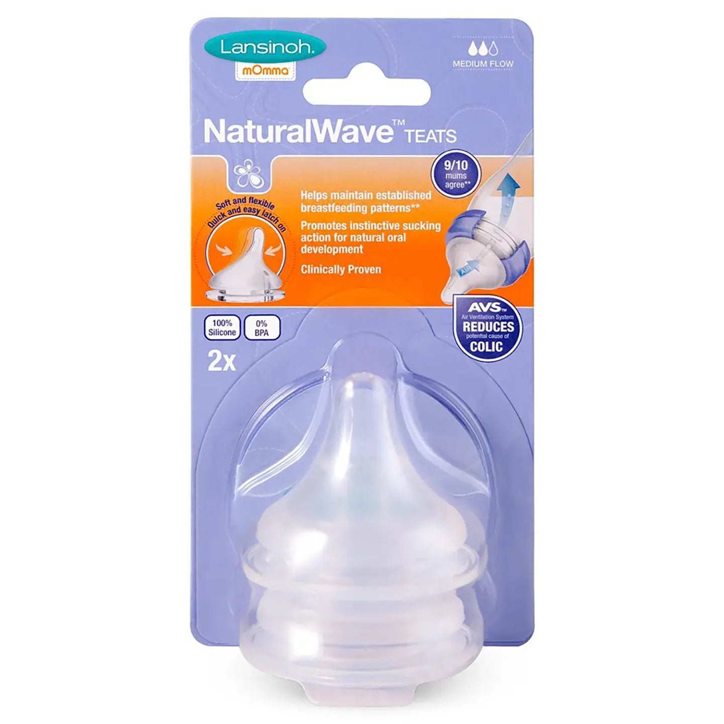 Lansinoh Natural Wave Teats Medium Flow [M] 3+ Months 2 Pieces