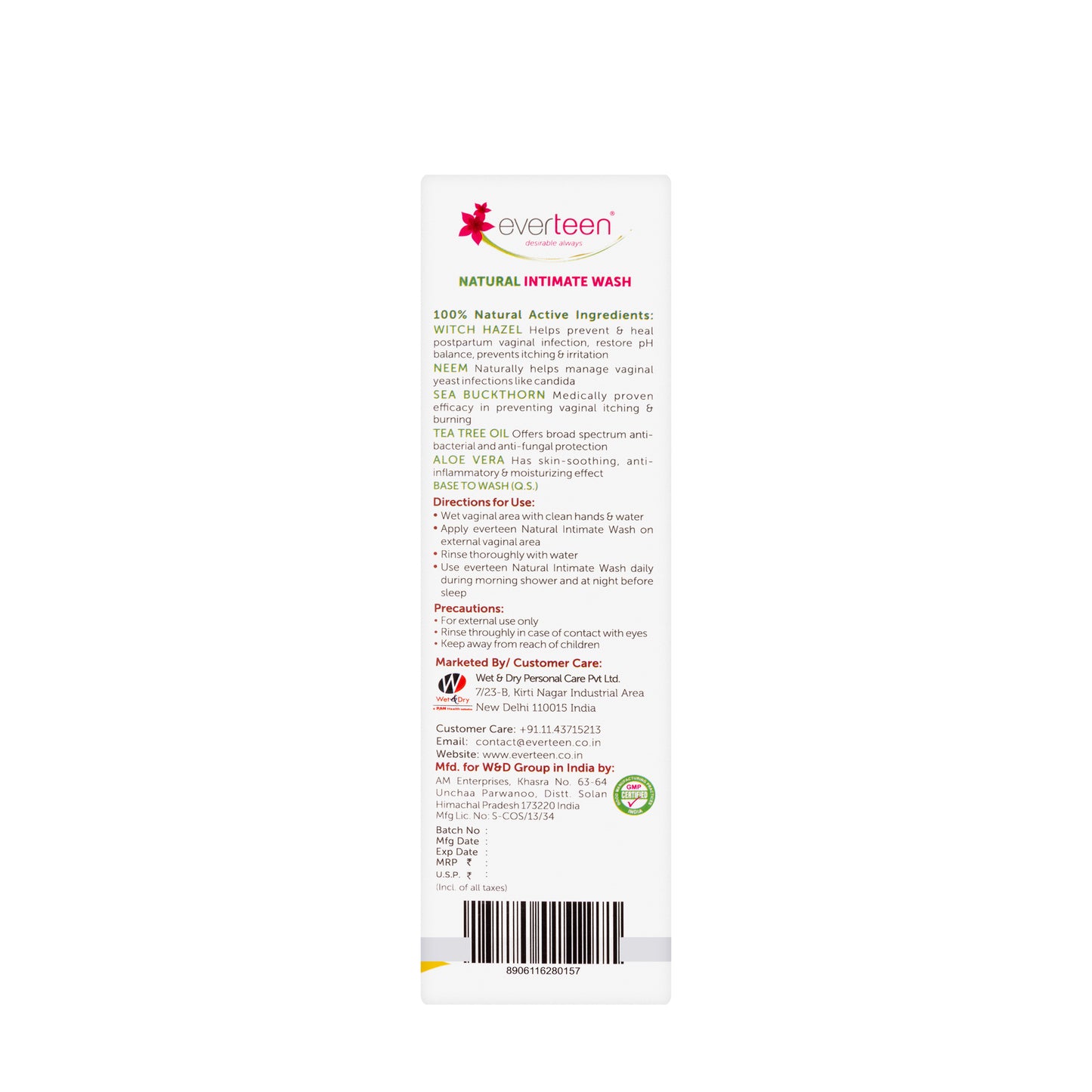 Everteen Natural Intimate Wash with Witch Hazel pH Balanced 210 Ml