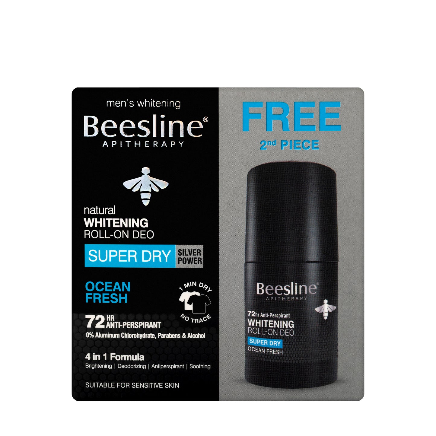 Beesline 72 Hours Men Whitening Roll On Deo Super Dry Silver Power Ocean Fresh 50 Ml 1+1 Offer Pack