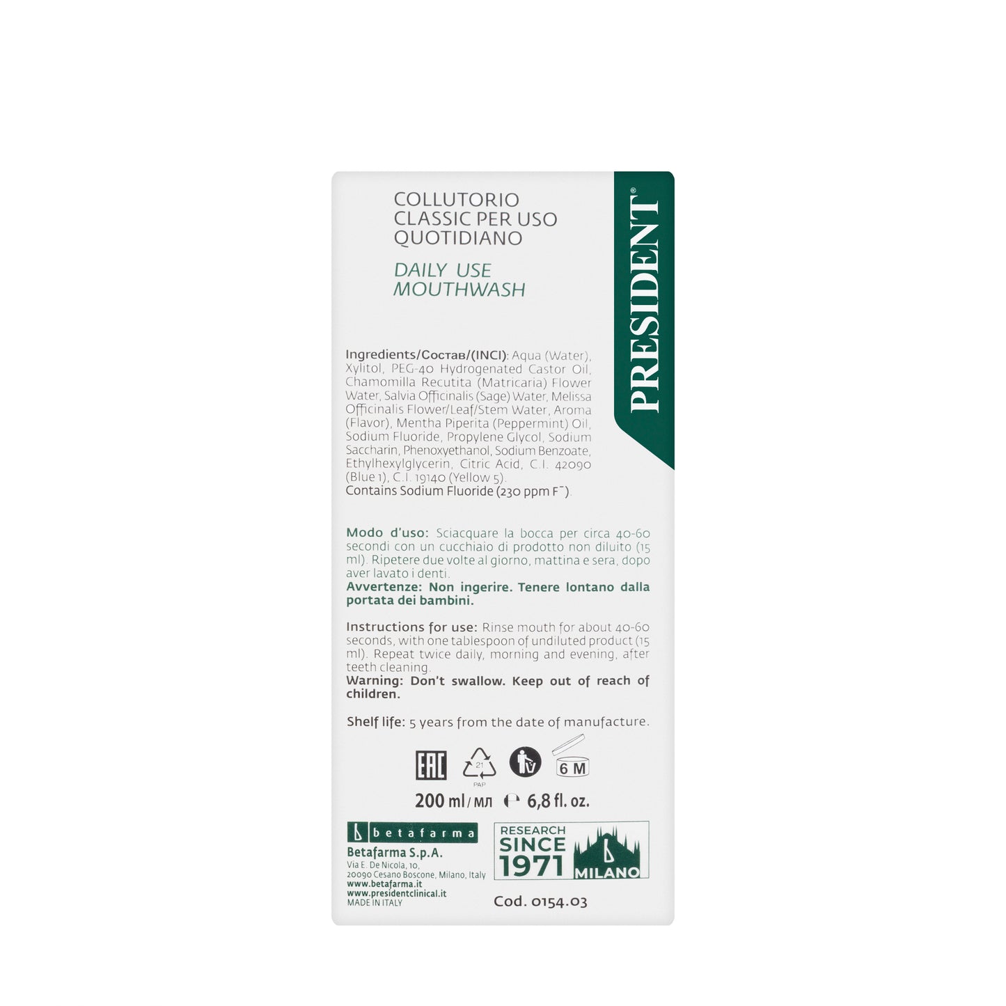 President Daily Use Classic Mouthwash 200ml