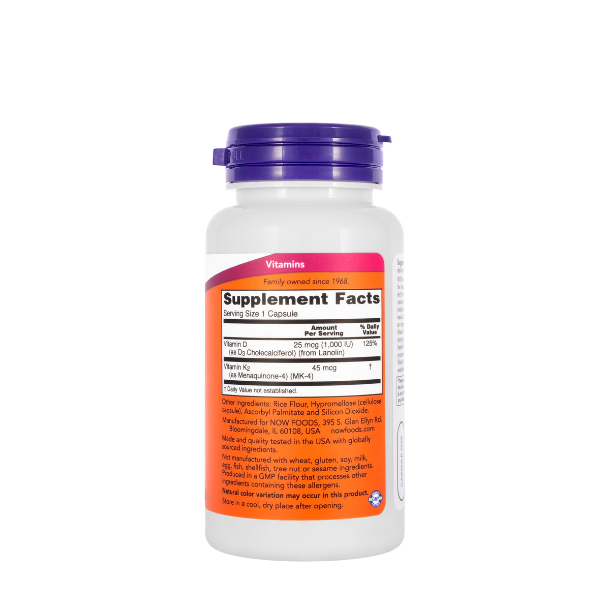 Now Vitamin D-3 & K-2 1000IU/45mcg 120 Veg Capsules