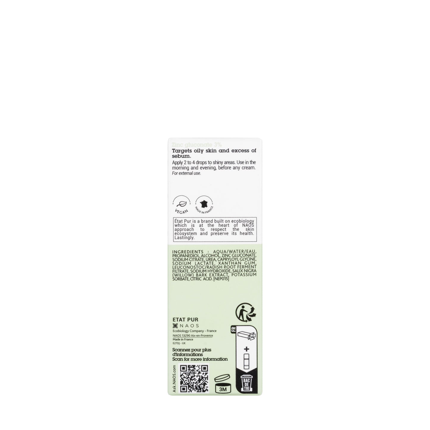 Etat Pur Pure Active Zinc Gluconate 3% Oily Skin, Excess of Sebum Serum 15 Ml