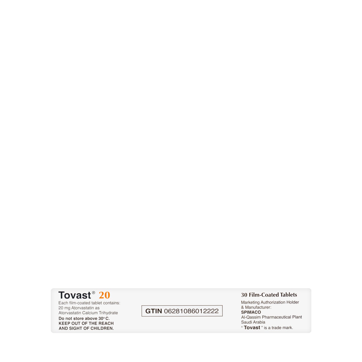 Tovast 20Mg 30 Tablets
