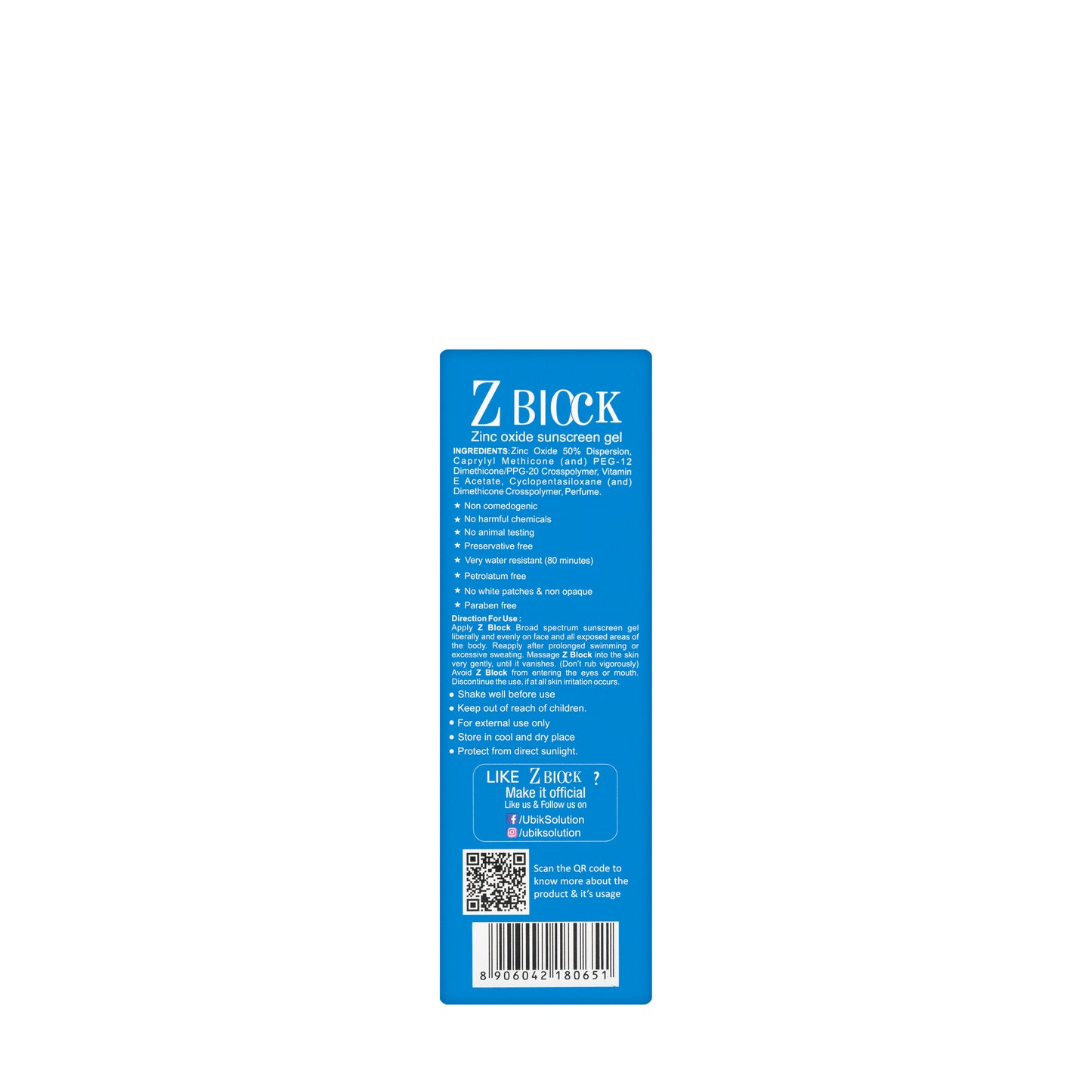 Zblock UVB SPF 50+ Sunscreen Gel 50 ml
