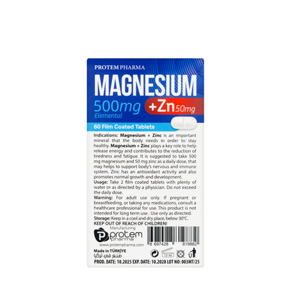 Protem Pharma Magnesium 500mg+Zing 50mg 60 Tablet