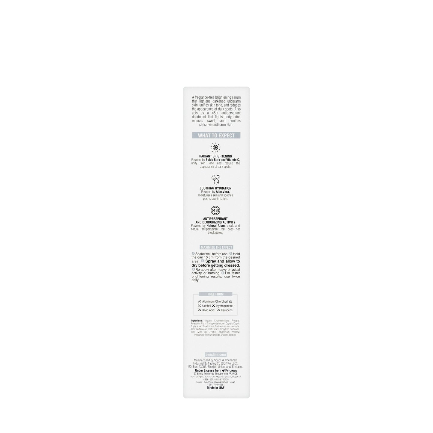 Beesline 48 Hours Radiant Bright Underarm Deo Serum With Vit C Fragrance Free Spray 150 Ml