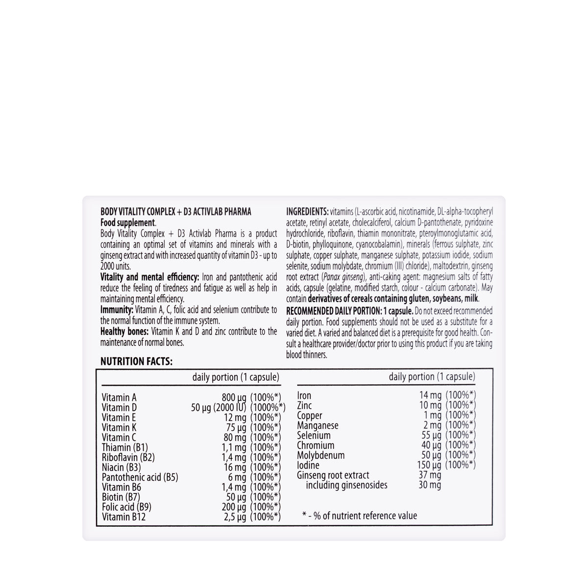 Activlab Body Vitality Complex + D3 30 Capsule