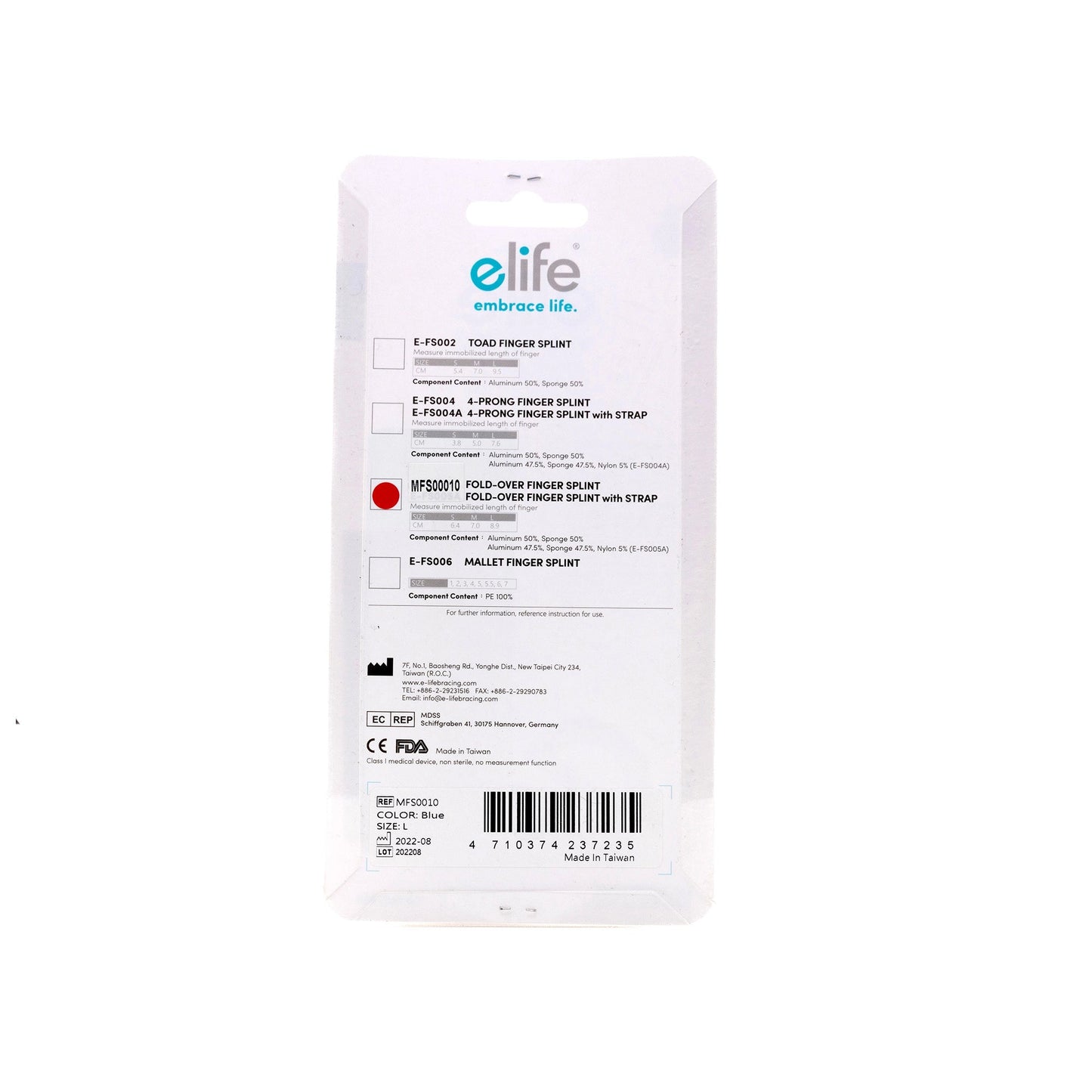 E-Life Fold-Over Finger Splint With Strap [Large]