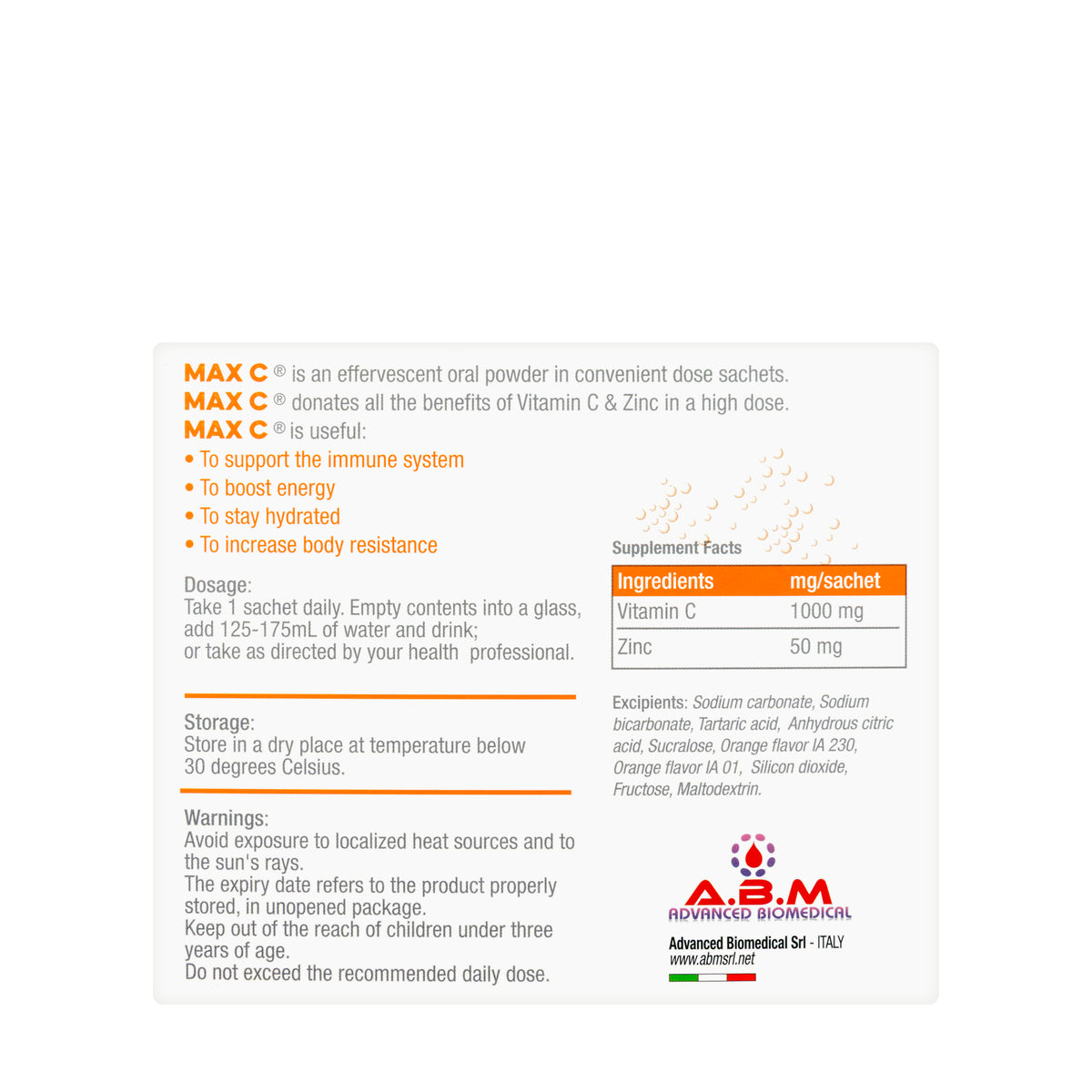 Max C Effervescent Powder ]Vitamin-C&Zinc] 20 Sachets
