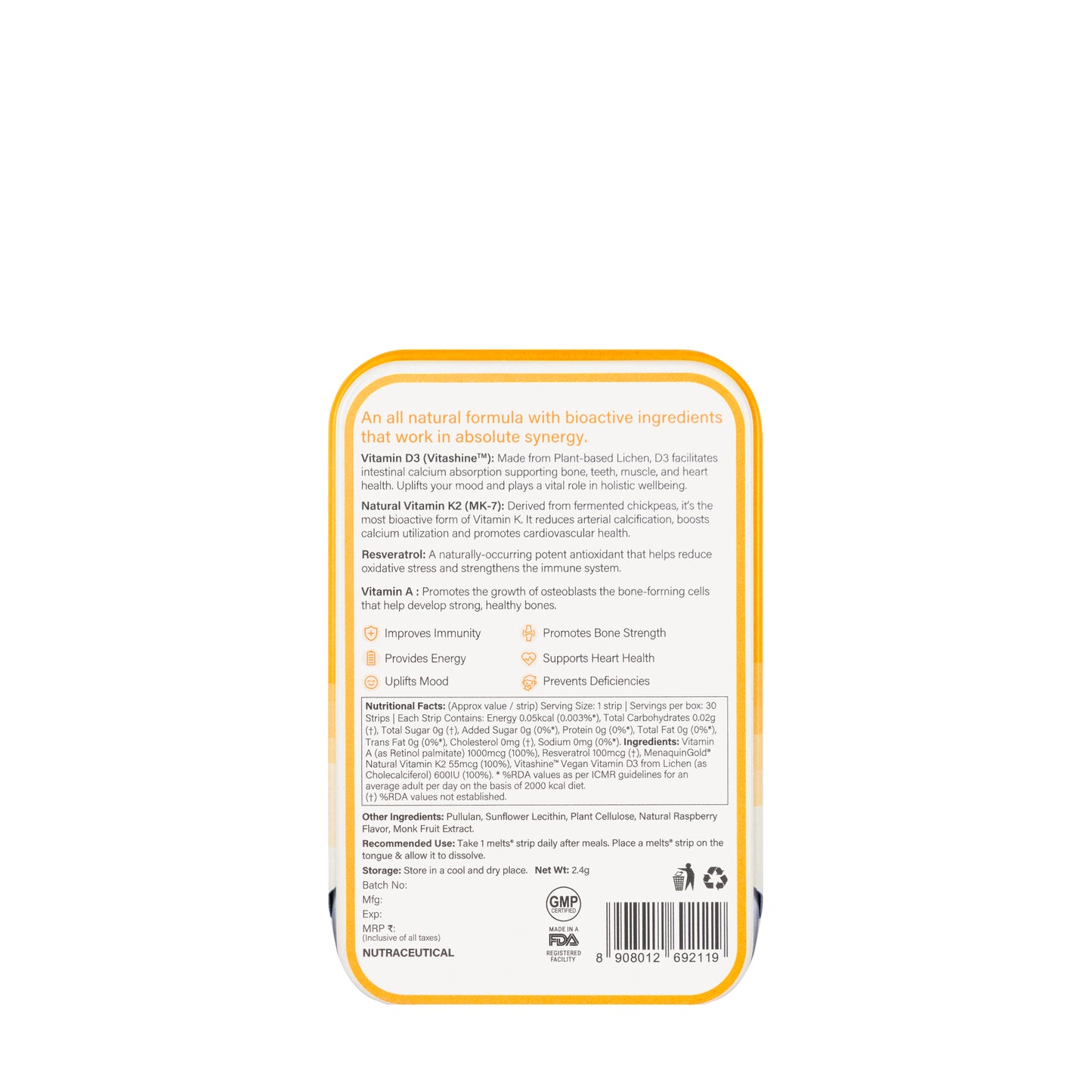 Wellbeing Melts Natural Vitamin D3+K2 30 Strips