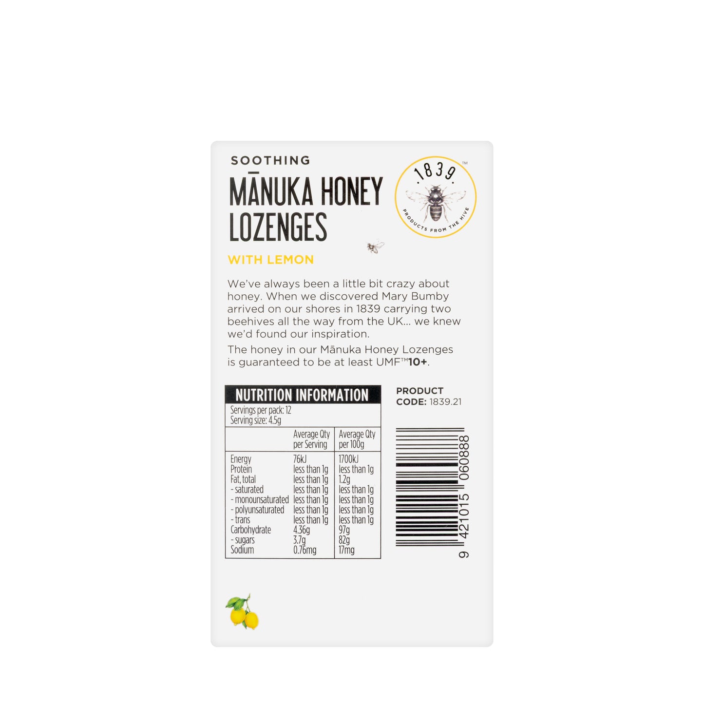 1839 Manuka Honey UMF10+ Lemon Lozenges 12 Pieces