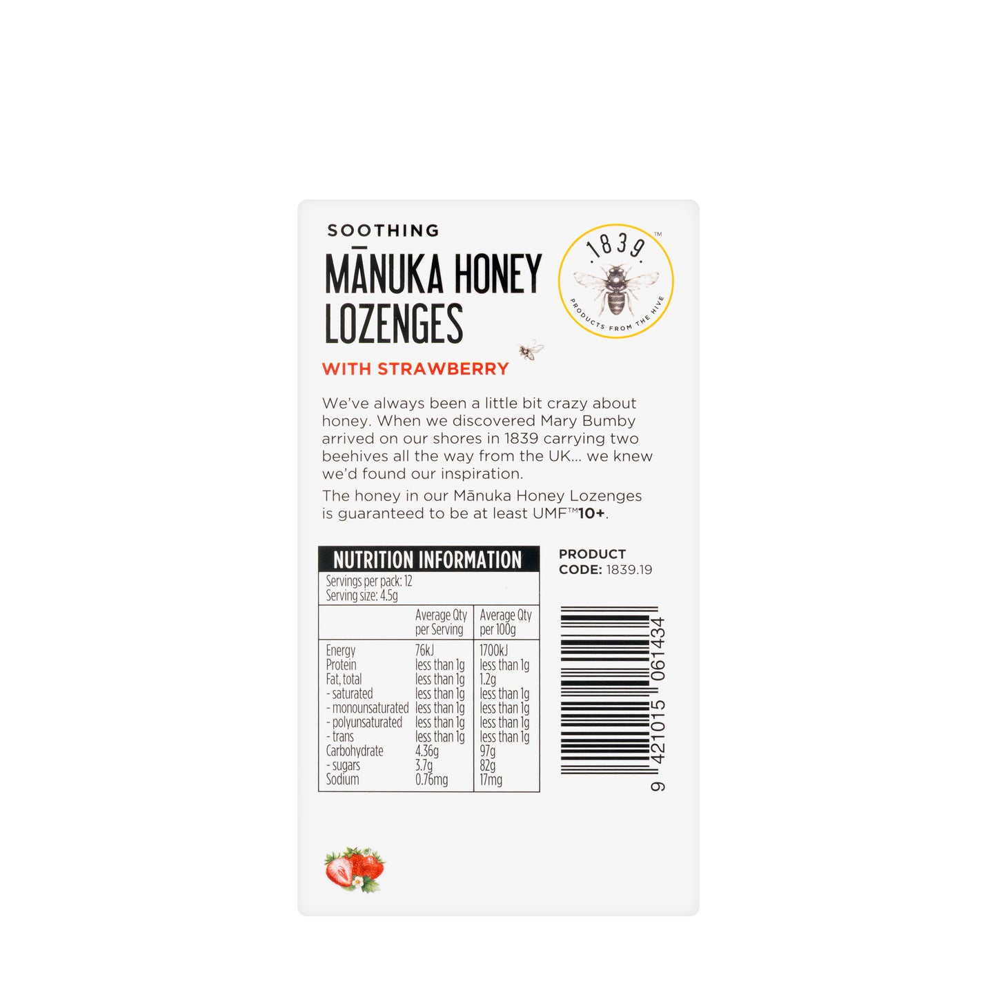 1839 Manuka Honey UMF10+ Strawberry Lozenges 12 Pieces